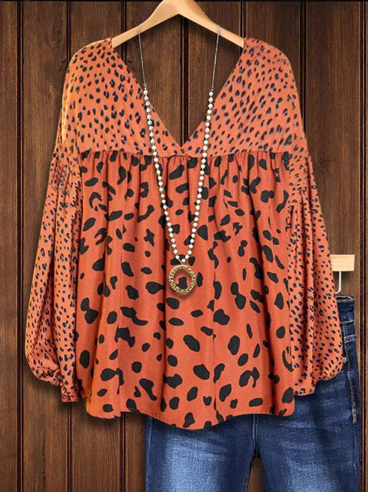 Animal Print Patchwork Puff Sleeve Blouse