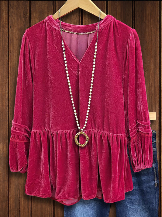 Solid Color Textured Velvet Casual Blouse